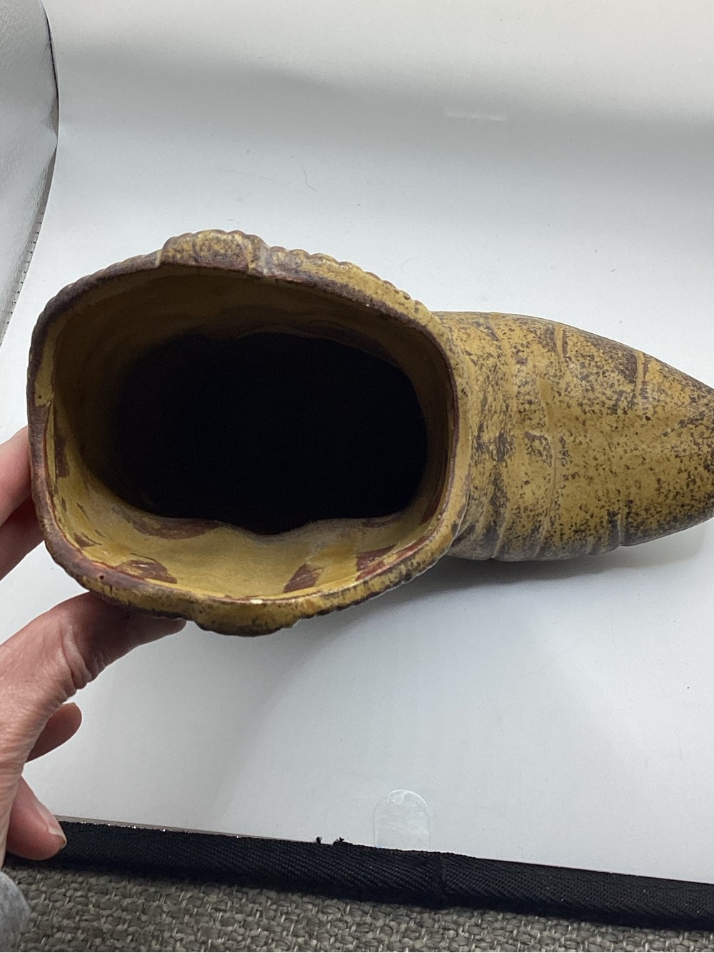 Vintage Clay Cowboy Boot Planter, Brown Glaze Flowers And Butterflies, 6 1/2” - Picture 2 of 4